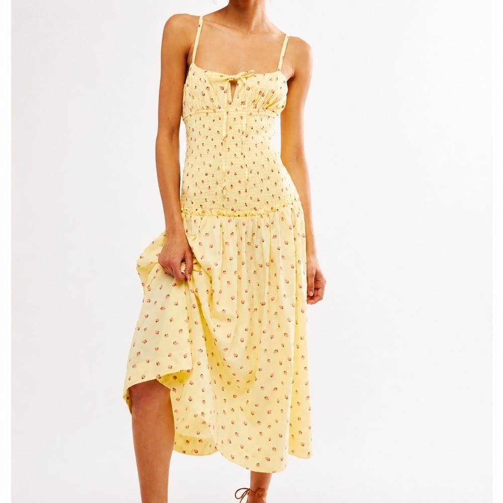 Free People NEW Lavender Daze Strawberry Butter Yellow Smocked Midi Dress Small